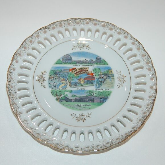 WISCONSIN VINTAGE SOUVENIR PLATE LAKE GENEVA RIVIERA YERKES OBSERVATORY LIBRARY - Picture 1 of 5